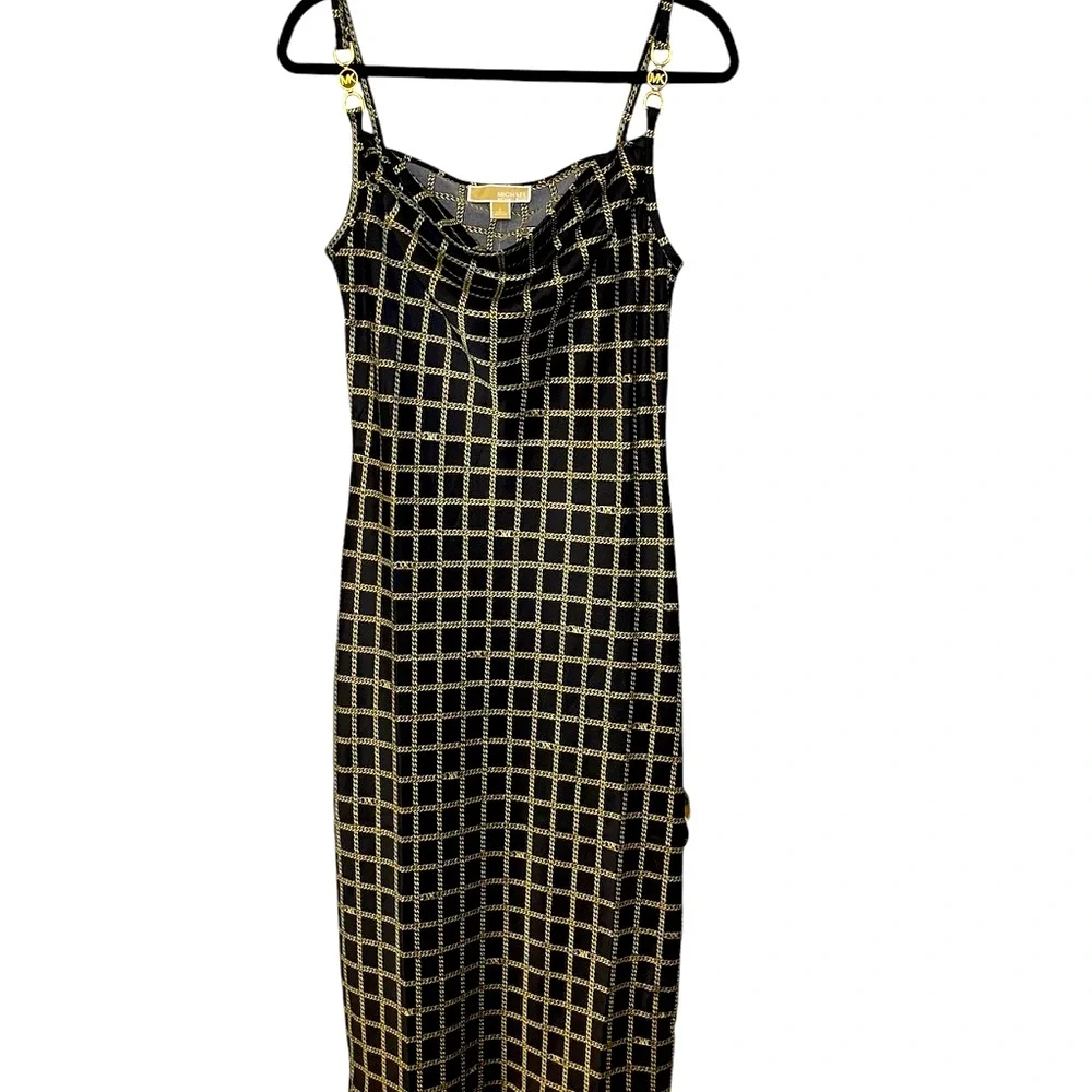 Michael Kors Sleek & Simple Midi Chainlink Gold Black Slip Dress Size: Medium